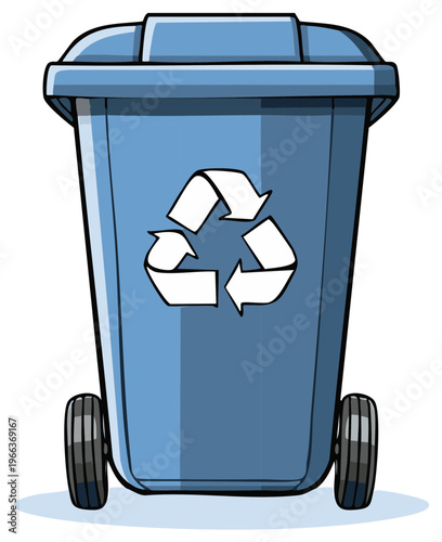 Blue wheeled recycling bin with universal recycling symbol illustration