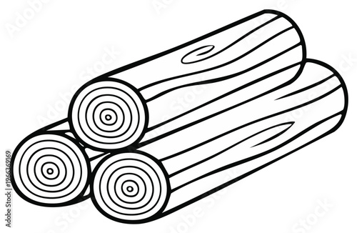Monochrome Illustration of Stacked Logs with Concentric Ring Pattern Outlines Showing Wood Grain and End Faces