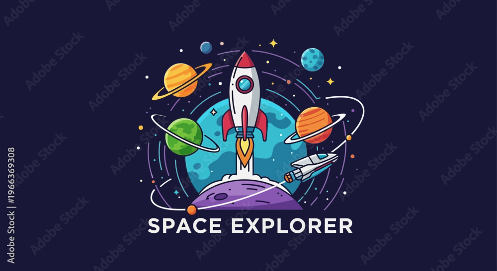 Naklejka premium Rocket Launching into Space, Planets, Stars, and Spaceship - Space Explorer