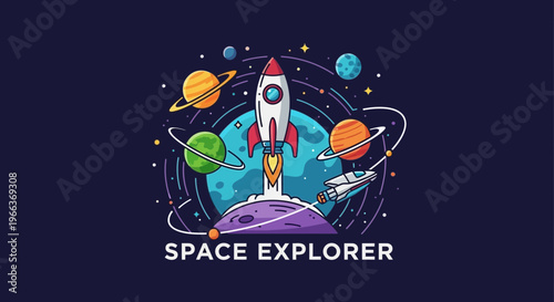 Rocket Launching into Space, Planets, Stars, and Spaceship - Space Explorer