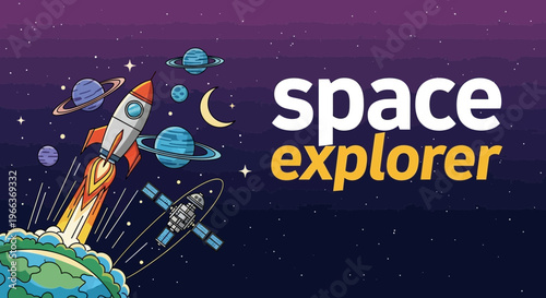 Space Explorer Rocket Launching To Planets, Stars and Moon