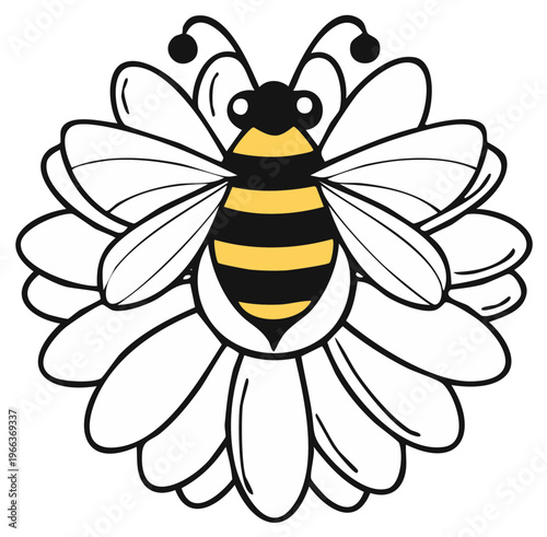 Stylized Bee Illustration on Flower Petals Monochrome Graphic Insect Design