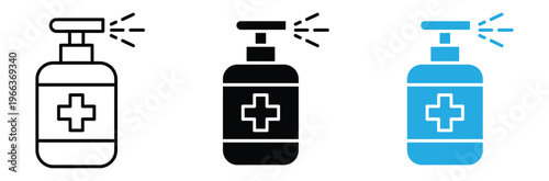 Hand Sanitizer Spray Bottle with Cross Icon Set for Hygiene and Healthcare.Hand sanitizer bottle icons in black and white and blue