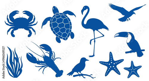 Blue Silhouettes of Marine and Tropical Animals Collection