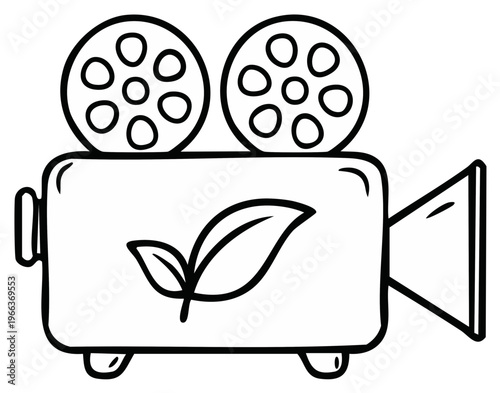 Vintage film projector with green leaf symbol symbolizing eco friendly filmmaking and nature conservation