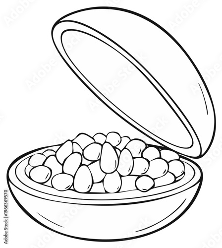 Illustration of open box with oval candies. Round vessel with sweets.