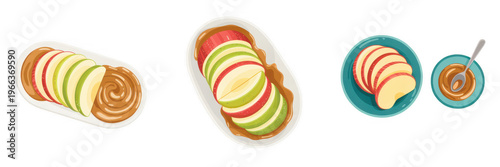 Various sliced apples with caramel dip fruit isolated on a transparent background