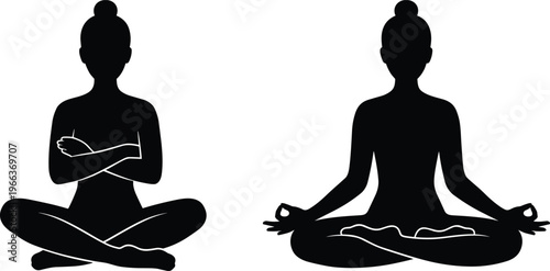 Yoga meditation silhouette set woman lotus pose mindfulness zen relaxation fitness spiritual practice calm breathing exercise vector illustration