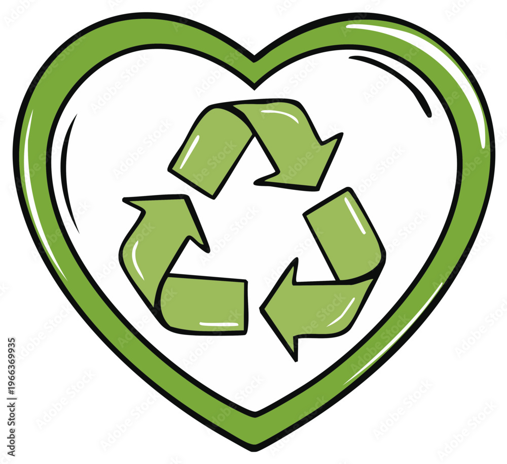 Obraz premium Recycling symbol inside green heart shape. Ecological symbol hand-drawn, isolated
