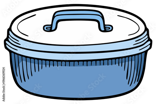 Cartoon-style illustration of a blue casserole dish with a lid and handle