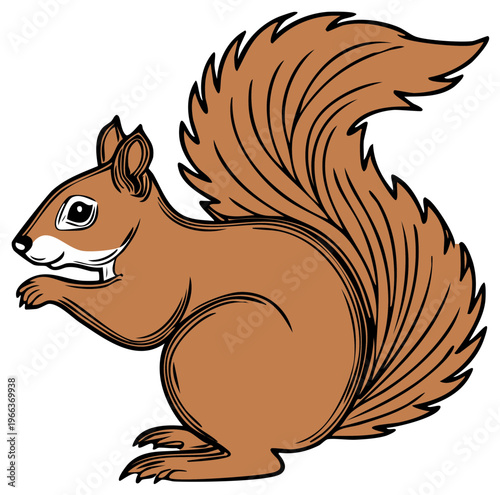 Stylized illustration of a brown squirrel with a bushy tail in a side profile, depicted with bold outlines and flat coloring