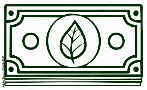 Green money drawing depicting environmental sustainability concept for eco-friendly finance or investing with leaf emblem