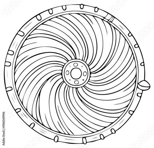 Outline illustration of a wooden Viking shield, swirl pattern, Norse warrior defense, hand drawn vector design.