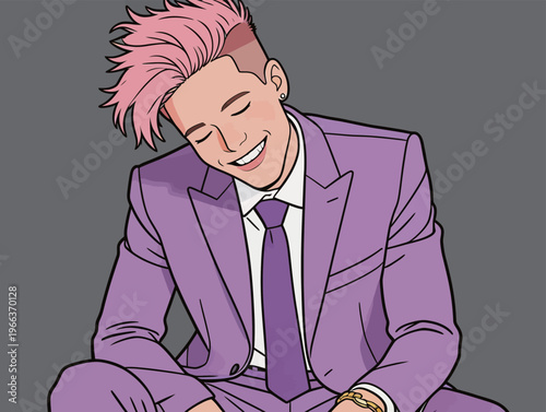 Young man with pink hair wearing a purple suit smiling while seated against a gray background