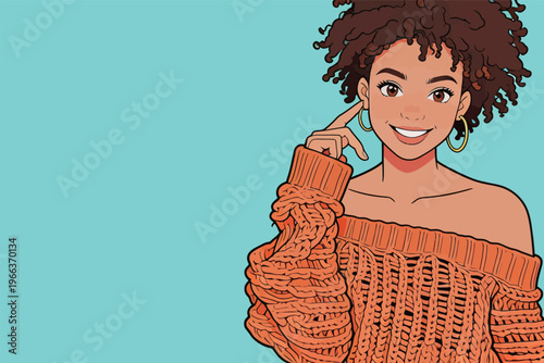 Young woman smiles and poses with her finger on her cheek while wearing an orange sweater against a blue background