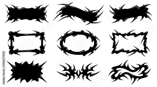Collection of black sharp spiky tribal splash banners, liquid gothic frames, and oval shapes. Perfect for Y2K streetwear and edgy graphic design