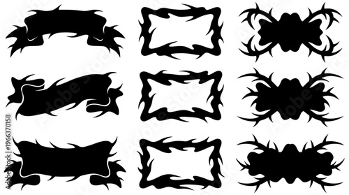 Collection of black tribal spiky ribbon banners, Y2K gothic border frames, and sharp neo-tribal badges. Perfect for streetwear and dark tattoo art