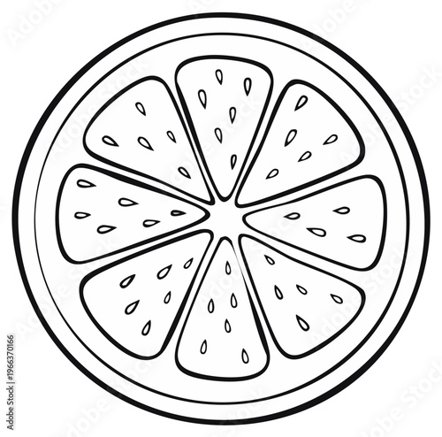 Black and white outline drawing of a vibrant citrus fruit slice showing segmented juicy flesh and seeds