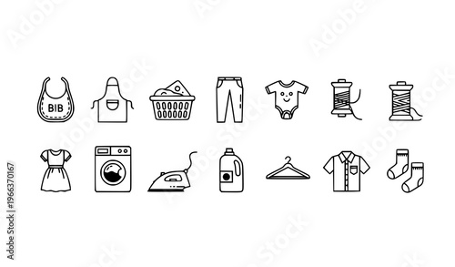 Modern clothes and baby laundry line icon collection with bib apron washing machine and apparel elements