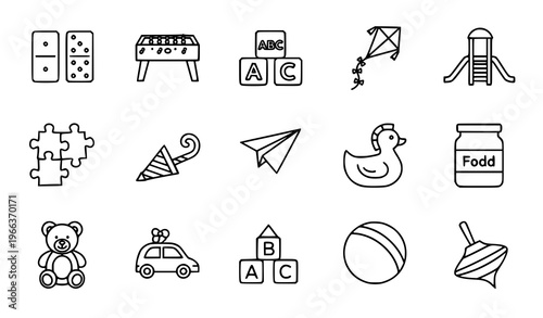 Toy outline icon set with dominoes puzzle kite rocking horse and kids play elements for UI design