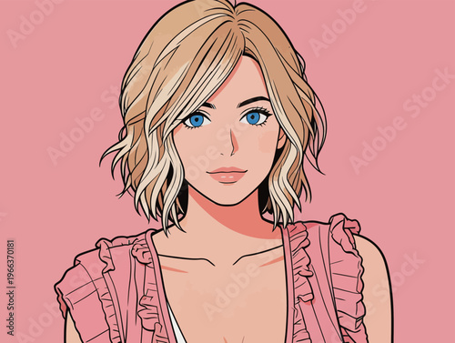 A young woman with light blonde hair and blue eyes poses against a pink background with a friendly expression on her face