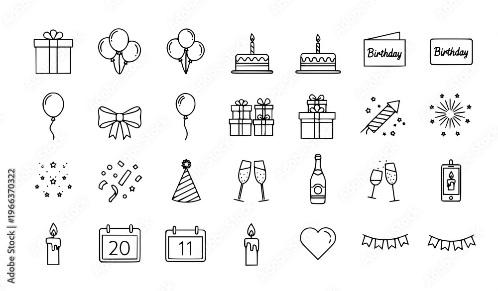 Fototapeta premium Anniversary outline icon set with gift balloons birthday cake and celebration elements for UI design