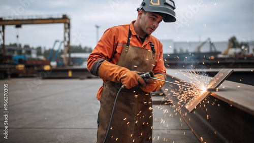 Professional welder working on steel I-beam at outdoor construction site. Young man in leather apron and orange jumpsuit welding metal. Industrial manufacturing concept