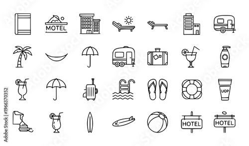 Resort outline icon set with beach towel motel sunbed and vacation travel elements for UI design