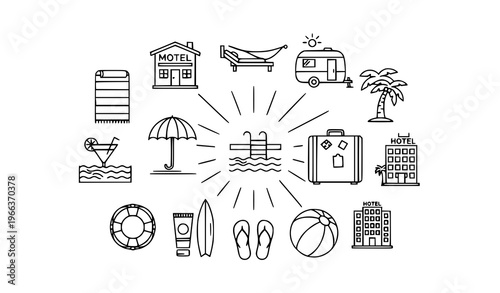 Resort vacation outline icon collection with beach sunbed motel and travel symbols for web UI