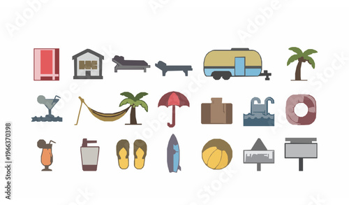 Modern resort travel line icon collection with beach sunbed motel and vacation elements