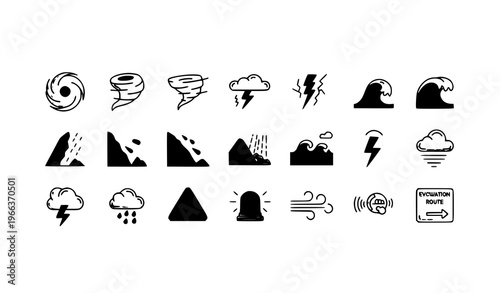 Modern hurricane disaster line icon collection with tornado tsunami earthquake and emergency elements
