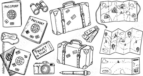 Detailed hand-drawn travel and vacation essentials collection. Includes passports, vintage suitcases, maps, tickets, camera, binoculars, and sleep mask in doodle style.