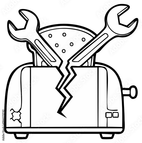 Toaster with wrench tools and crack, cartoon illustration.