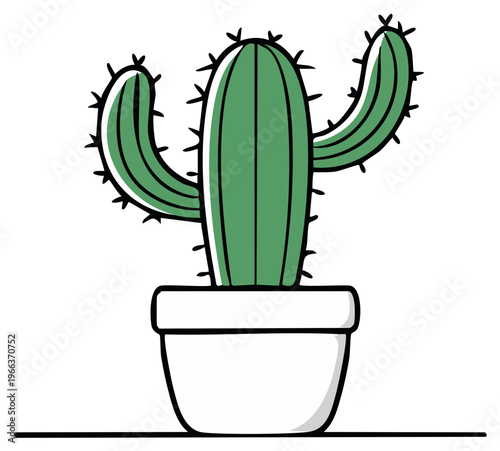 Cartoon cactus plant in a white pot, flat vector illustration