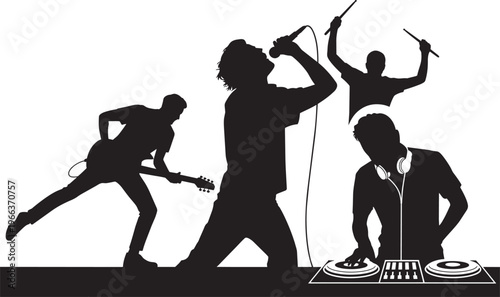 Music band silhouettes featuring singer guitarist drummer and dj on stage.