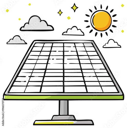 Drawn solar panel collecting sunlight under fluffy clouds and stars