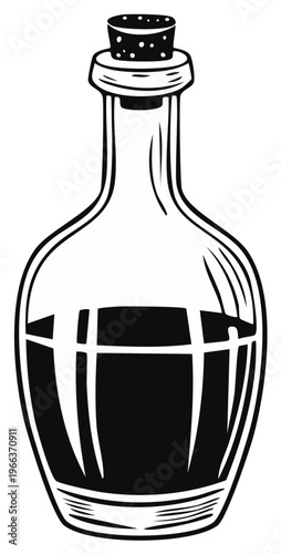 Glass potion bottle with dark liquid and cork stopper illustration