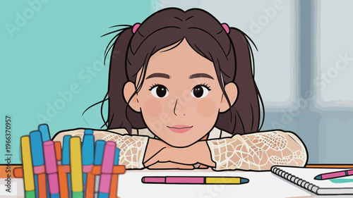 Young girl with colorful markers looks interested while leaning on a table in a classroom setting during the day
