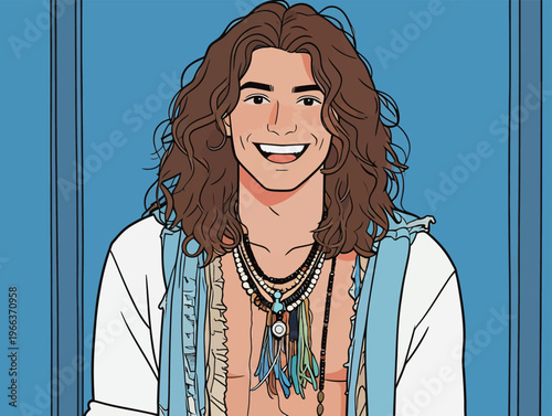Young man with long hair wearing necklaces standing against blue background and smiling