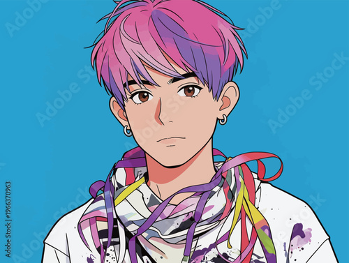 Young person with pink and purple hair wearing a white shirt and colorful accessories in a simple bright background