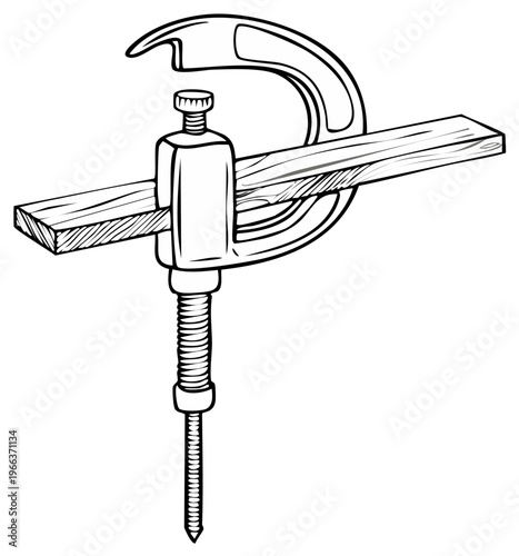 Illustration of a C-clamp holding a wooden plank firmly in place