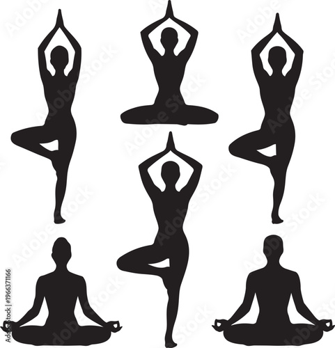 Yoga poses black silhouettes set on transparent background, women performing various exercises for relaxation and meditation.