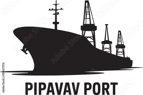 Silhouette Of Cargo Ship Docked At Port With Loading Cranes