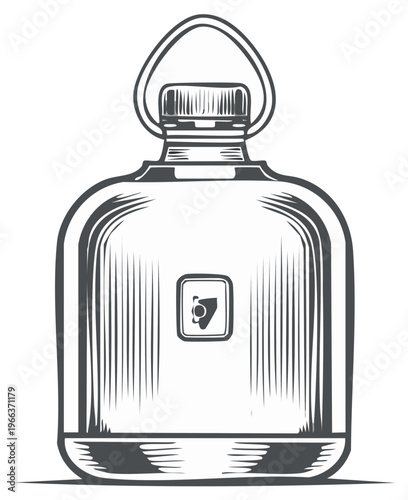 Vintage style hip flask etching showcases a rectangular liquor container with embossed detail and smooth metal surface evoking timeless design
