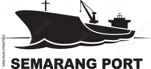 Cargo Ship In Water With Crane And Port Text Below