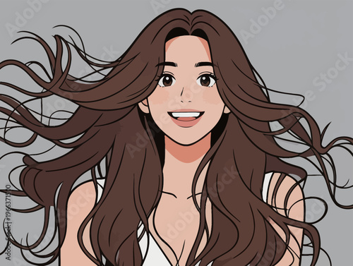 Young woman with long hair smiling against a gray background while her hair flows in the air in a dynamic style