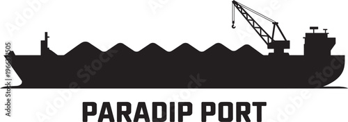Cargo Ship With Crane And Text "paradip Port" Silhouette