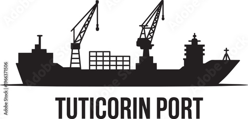Cargo Ship With Cranes Docked At Port Silhouette Illustration