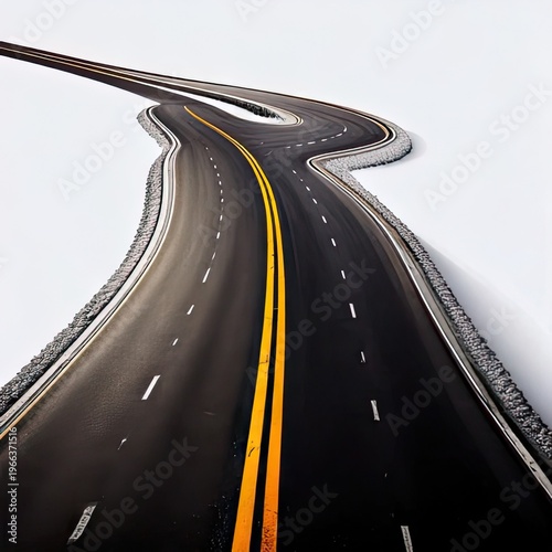 Asphalt road curves through white space, two lines