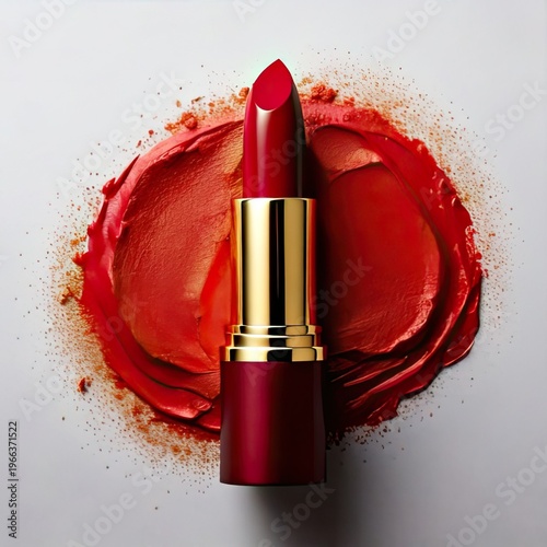 Ruby red lipstick on a smear of vibrant color